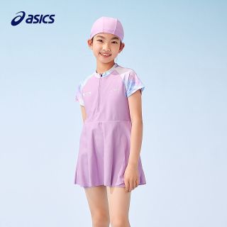 百亿补贴：亚瑟士 童装25年夏季新款女童弹力抗菌泳衣泳帽连体满印套装