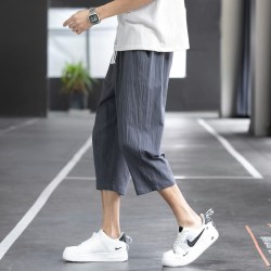 月伊纺 2026夏季冰丝宽松100%纯棉短裤男士宽松百搭棉麻七分裤青年直筒裤