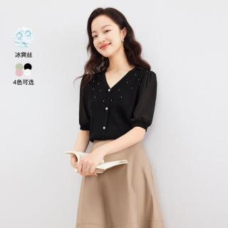 Koradior 潮流法式v领钉珠短袖针织衫T恤上衣女