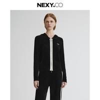 NEXY.CO 25秋季都市休闲时尚撞色拼接定制品牌拉链连帽针织外套女