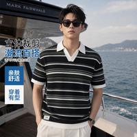 马克华菲 老钱风复古撞色条纹夏季V领男士短袖t恤针织精致型男POLO衫