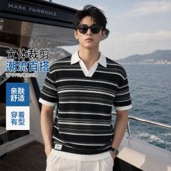 马克华菲 老钱风复古撞色条纹夏季V领男士短袖t恤针织精致型男POLO衫
