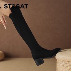 星期六 ST&SAT 过膝长靴女2025秋冬复古圆头粗跟瘦瘦靴弹力靴真皮显瘦靴子