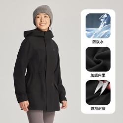 探拓 户外收腰连帽软壳衣女防风防泼水加绒中长款外套
