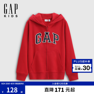 Gap 男女童早秋贴布绣logo宽松拉链连帽卫衣儿童装860919 红色 150 cm(12-13岁)亚洲尺码