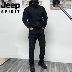 JEEP SPIRIT 冲锋衣套装男士春秋季防风防水弹力户外薄款黑色修身登山夹克