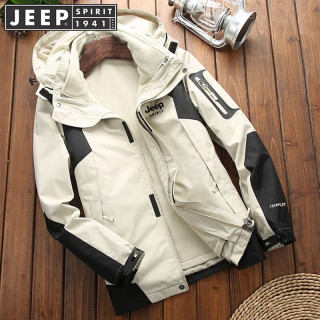 JEEP SPIRIT 吉普防风衣户外衣服秋冬潮牌三合一抓绒内胆两件套可拆卸加绒加厚外套冬季情侣 男款-象牙白 XL