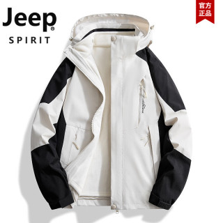 吉普 冲锋衣裤套装男女秋冬季三合一防风防水户外登山服夹克工作服外套 男款象牙白色 L