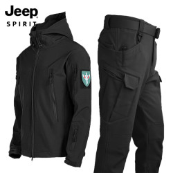 JEEP SPIRIT 户外鲨鱼皮软壳冲锋衣套装男女冬季加绒加厚防水抓绒登山防风外套 黑色 S