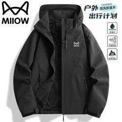 猫人 冲锋衣男士春秋季户外防风夹克休闲运动外套登山服 黑色 XL