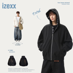 IZEXX 中式宝相花外套男秋季宽松休闲连帽夹克防风冲锋衣ZJ97黑色L