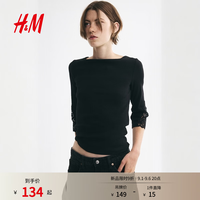 H&M 2026夏季新款女装蕾丝拼接一字领上衣1367089 黑色 L 170/104