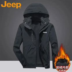 吉普 冲锋衣男秋冬户外防风保暖登山服三合一外套 黑色 XL