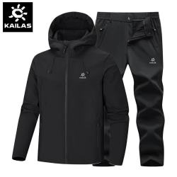 凯乐石 软壳冲锋衣男冲锋裤套装秋冬季加绒加厚防风旅游登山服裤 黑衣+黑裤 L