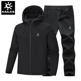 凯乐石 软壳冲锋衣男冲锋裤套装秋冬季加绒加厚防风旅游登山服裤 黑衣+黑裤 L