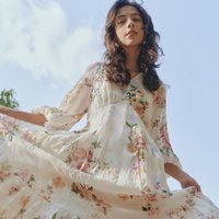 Fabrique 梦境花园苎麻印花浪漫度假风连衣裙七分袖长裙