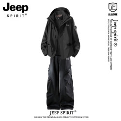 JEEP SPIRIT 吉普 冲锋衣外套男款防风防水秋冬季一整套穿搭感套装 黑色+黑色
