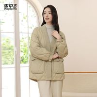 百亿补贴：雪中飞 2024秋冬新款女式中长款大V领羽绒服廓形时尚菱格鸭绒保暖