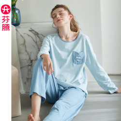 芬腾 长袖睡衣女纯棉套头春秋宽松全棉甜美清新大码家居服套装 冰兰 L 建议:110-125斤