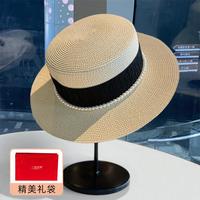 上海故事 平顶礼帽2026百搭爆款优雅珍珠草编时尚防晒太阳帽