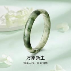 梦金园 天然天山翠手镯冰透飘绿圆条镯子大气宽面玉镯正品配证书送妈妈
