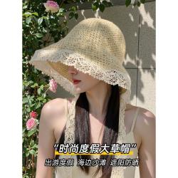 上海故事 2026夏季爆款帽子女时尚遮阳防晒大帽檐飘带蕾丝边草帽太阳帽