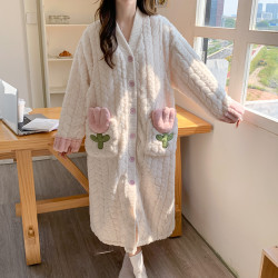 秋冬季加厚保暖珊瑚绒产后喂奶哺乳睡裙月子服孕妇中长连衣裙法兰
