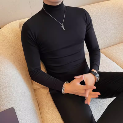 猎撒秋冬男士长袖T恤时尚百搭韩版修身半高领加绒加厚纯色打底衫