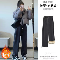 孕妇裤秋冬季外穿美式宽松羊羔绒运动阔腿裤春秋休闲两穿直筒卫裤