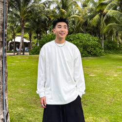 美式小领口纯棉长袖T恤男秋季260G重磅圆领长袖纯色男士打底衫T恤