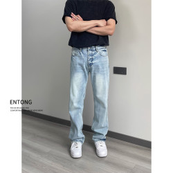 Entong美式高街浅蓝色牛仔裤男春夏cleangit潮牌痞帅vibe微喇裤子