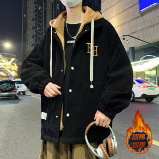 假两件外套男秋冬季新款潮牌宽松连帽夹克青少年休闲加棉保暖上衣