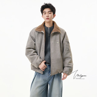 V37 美式高街vintage灰色保暖棉服男女同款冬季潮牌痞帅工装PU皮棉衣