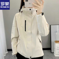 罗蒙 冲锋衣裤套装男女 冬季三合一加厚保暖防风防水滑雪服登山服套装 象牙白女款 2XL