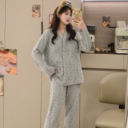 少女风孕妇产后哺乳睡衣带胸垫秋冬款德绒保暖产妇月子喂奶家居服