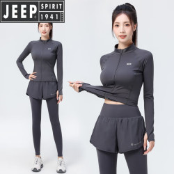 JEEP SPIRIT 吉普晨跑运动套装女2026新款健身房跑步训练服显瘦速干瑜伽服长袖 石墨灰两件套(石墨灰长裤) M