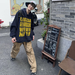 美式藏青色无口袋连帽卫衣男女秋冬季字母印花宽松休闲上衣