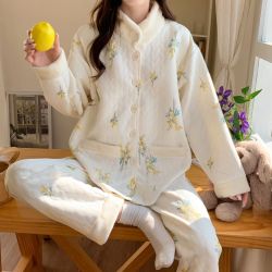 孕妇产后哺乳睡衣秋冬款空气棉月子服保暖带胸垫产妇喂奶家居套装