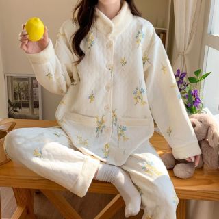 孕妇产后哺乳睡衣秋冬款空气棉月子服保暖带胸垫产妇喂奶家居套装