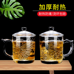 LUSCANA 绿茶杯耐热加厚茶杯带盖透明玻璃杯家用办公泡茶杯个性大容量把杯