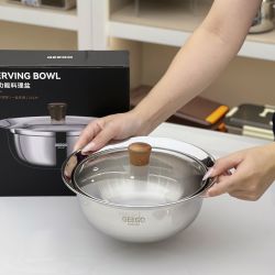 家用汤盆304不锈钢宽边不挑灶具菜盆腌肉盆玻璃盖煮汤