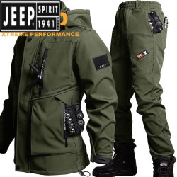吉普 户外骑行工作服冬季加厚套装防寒保暖冲锋衣登山服防风防水迷彩服 军绿色套装 190(180-195斤)