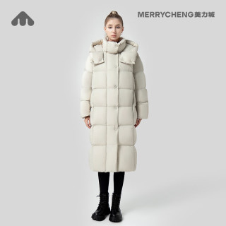 美力城 长款羽绒服女装款90%鹅绒过膝外套连帽户外休闲运动风6051 科技灰