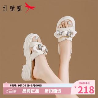 红蜻蜓 女士水钻蝴蝶结拖鞋 夏季外穿一字拖厚底凉鞋子百搭休闲半拖凉鞋