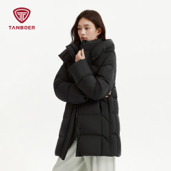 坦博尔 中长款羽绒服女加厚可脱卸帽小个子秋冬保暖外套 黑色 165 88A