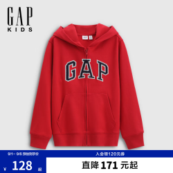 Gap 贴布绣Logo宽松拉链连帽卫衣 红色 130cm