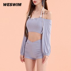 薇斯慕 泳衣女分体长袖罩衫比基尼平角高腰纯欲蝴蝶结甜温泉度假风