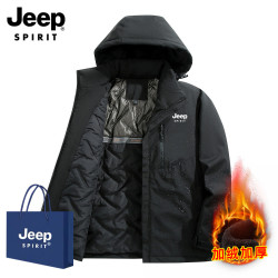 JEEP SPIRIT 吉普冲锋衣男棉服冬季加绒加厚防风防水户外登山滑雪服工装外套 黑色-男款 XL