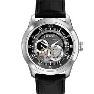 Bulova 男士经典扣 4 指针自动手表,24 小时子表盘,开口光圈,自动上链,展览底盖,双弧形矿物水晶,夜光指针,42 毫米, 黑色表带 / 黑色表盘, 计时码表、镂空手表、机械、自动上链、自动手表