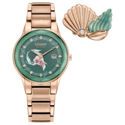 CITIZEN 西铁城 女士石英手表 生态光动能 绿色表盘 30mm 金色不锈钢表带 刻面水晶表圈 防水30米 礼品套装含别针 玫瑰金 [{"language_tag":"en_US", "value":"5 Inches"}, {"language_tag":"en_US", "value":"5 Inches"}]